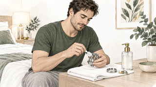 Illustration d’un homme nettoyant une cage de chasteté en métal avec une petite brosse et un savon doux