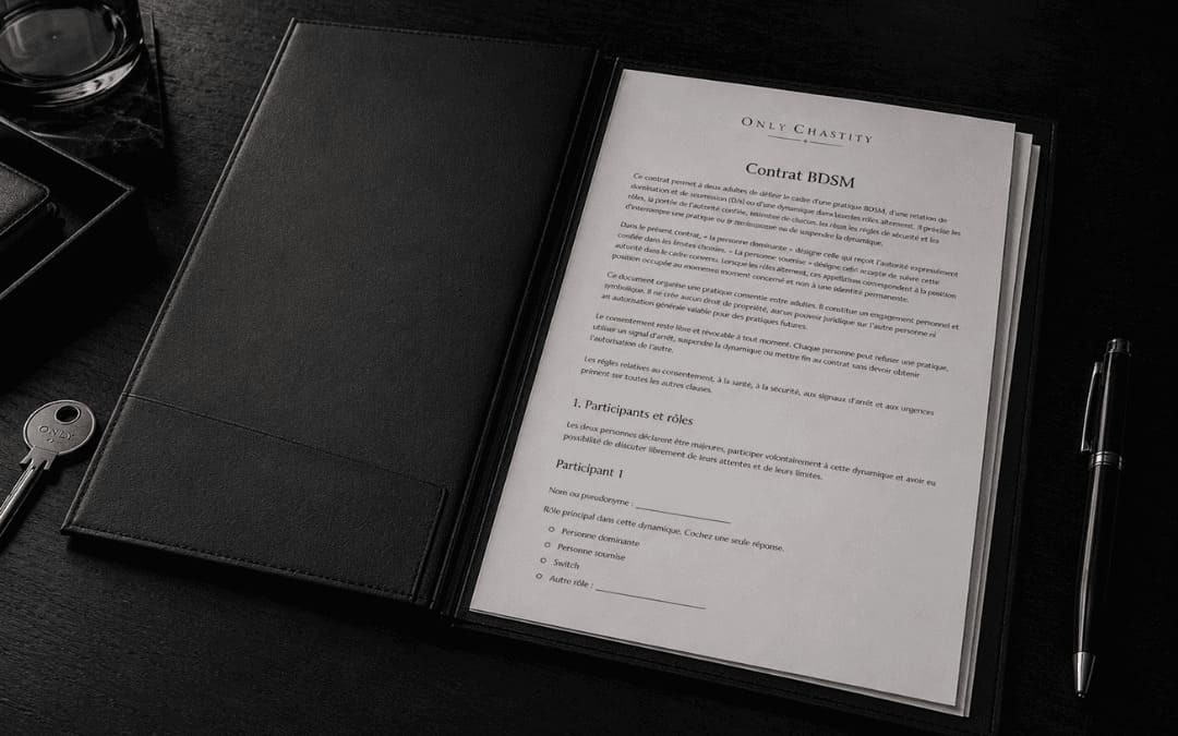 Contrat BDSM Only Chastity présenté dans un porte-documents noir sur un bureau élégant