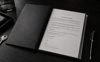 Contrat de chasteté ouvert dans un dossier noir sur un bureau élégant