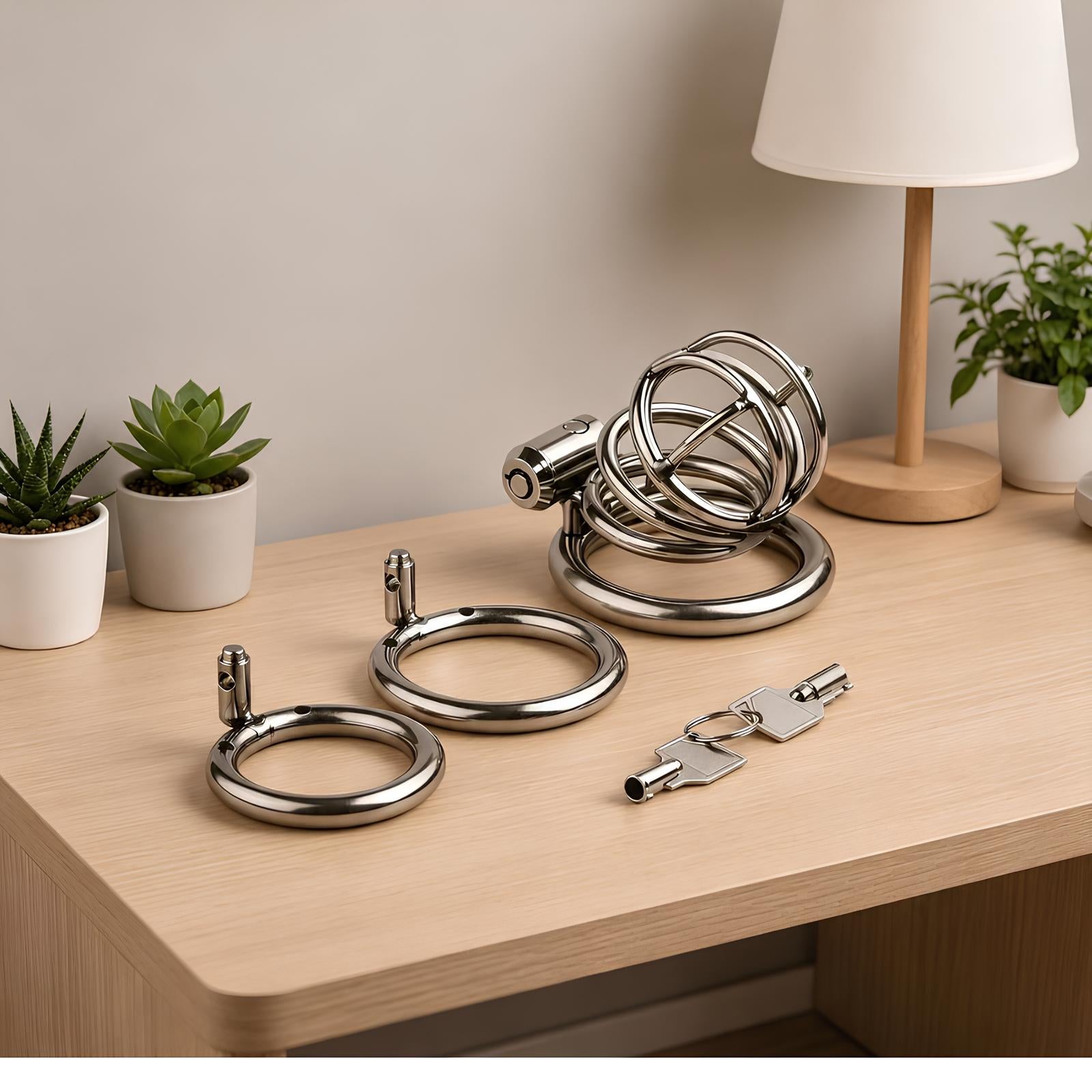 Cage de chasteté en métal avec anneaux et clés sur une table de chevet