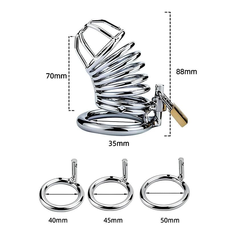 Accessoires et dimensions de la cage de chasteté Classico en métal argenté simple et classique