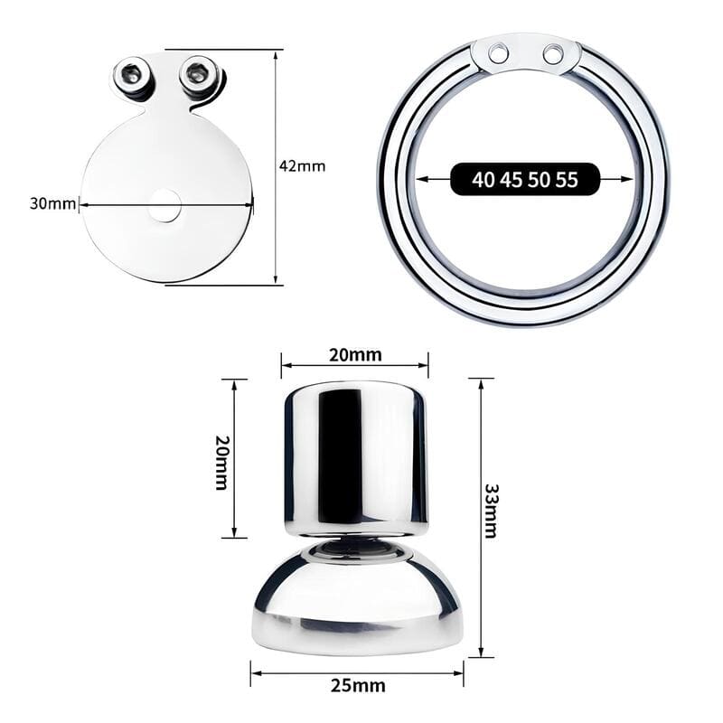 Cage de chasteté Corta inversée en métal avec gode court intégré vue technique avec dimensions