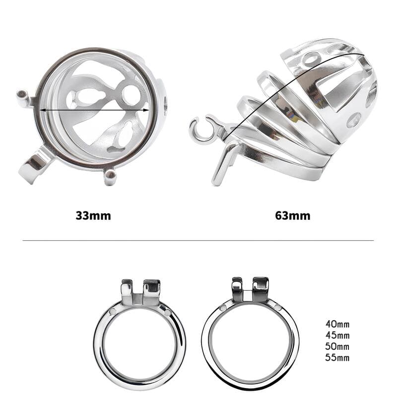 Anneaux et dimensions de la cage de chasteté Elian en métal conception essentielle modèle standard