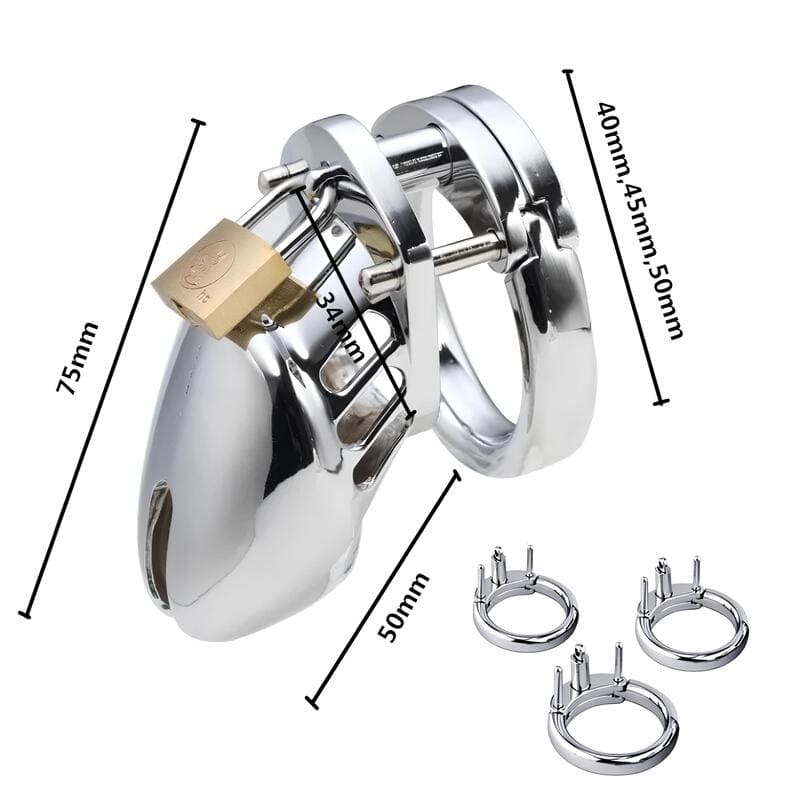 Accessoires et dimensions de la cage de chasteté Ezio en métal petit modèle cadenassé