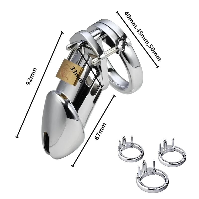 Accessoires et dimensions de la cage de chasteté Nora en métal