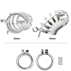 Anneaux et dimensions de la cage de chasteté Oris en métal conception essentielle longueur étendue