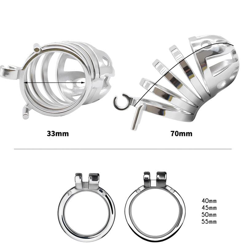 Anneaux et dimensions de la cage de chasteté Oris en métal conception essentielle longueur étendue
