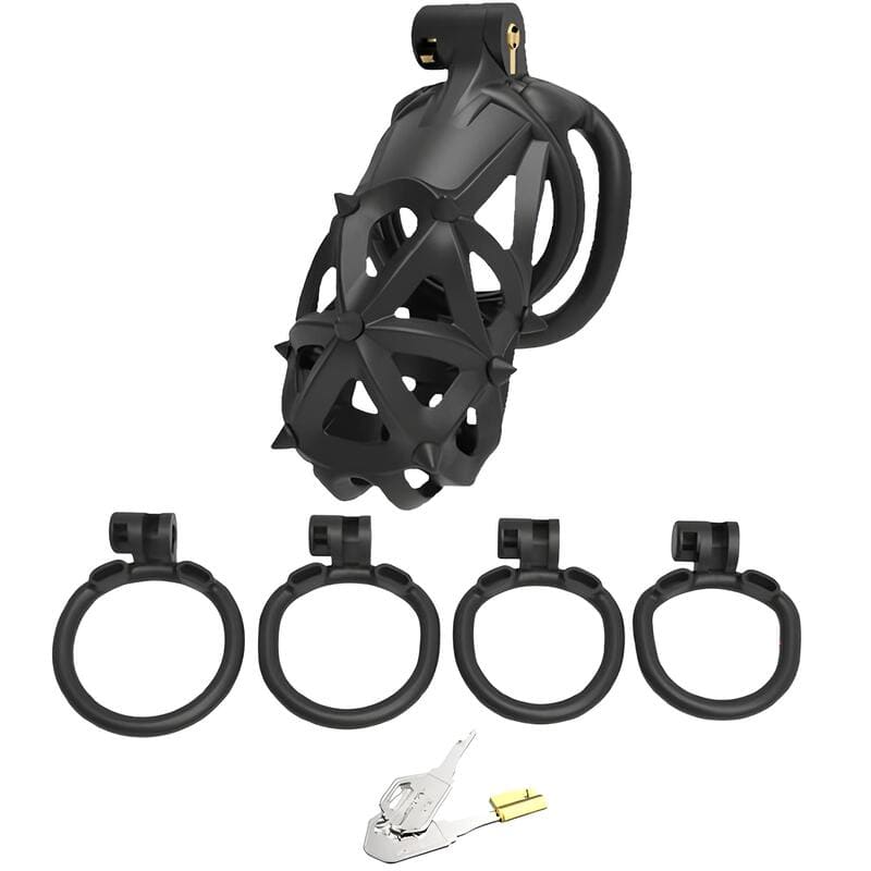 Accessoires inclus avec la cage de chasteté Rio en plastique noir allongée avec picots intégrés