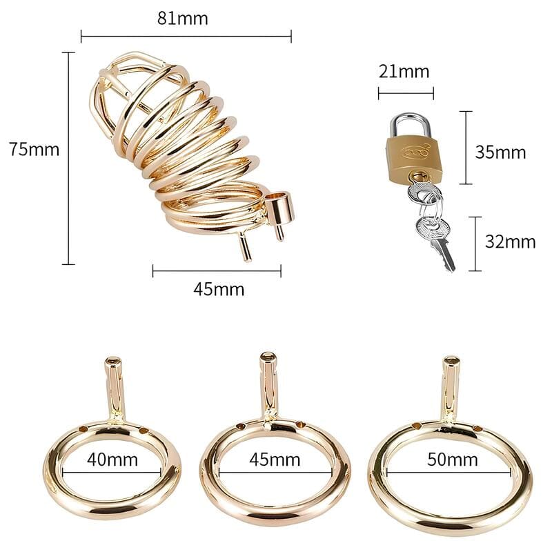 Anneaux accessoires et dimensions de la cage de chasteté Royal en métal doré luxueuse et rayonnante