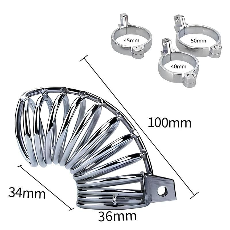 Anneaux et dimensions de la cage de chasteté Twist en métal design de ressort courbé